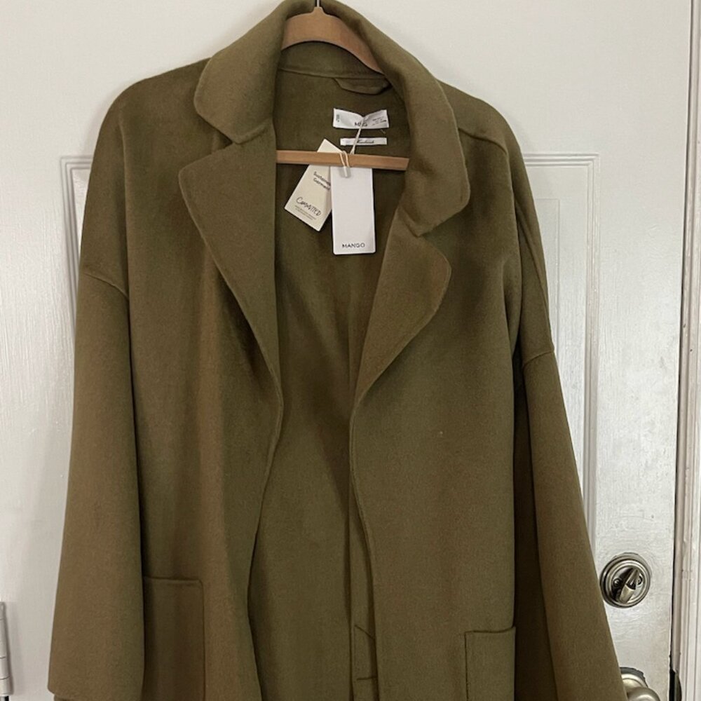 NWT Mango Olive Wool Long Coat with Belt – Size XL